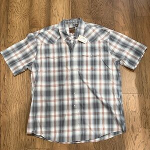 Roper Plaid Short Sleeve Button-Down Shirt - Light Blue, Gray & Rust 2XL